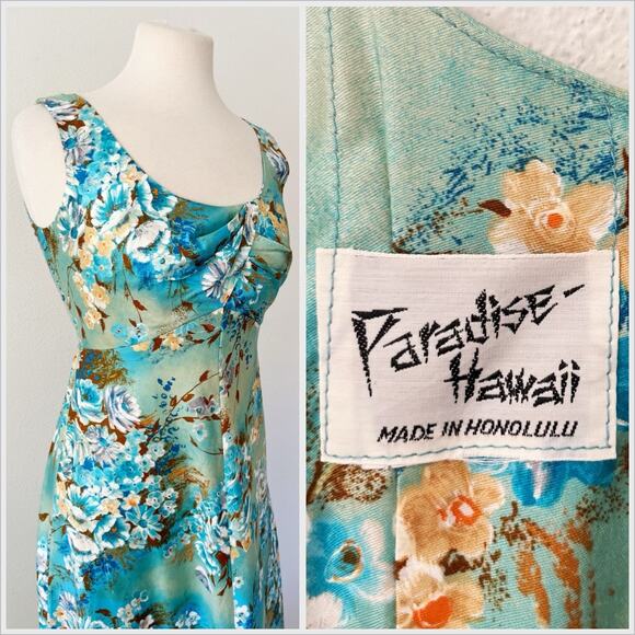 Vintage 60s Paradise Hawaii Maxi Dress Honolulu Blue Green Floral // Size Small - Picture 2 of 4